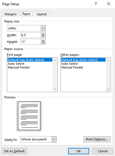 Word Layout Tab Page Setup Paper Setup Wndow